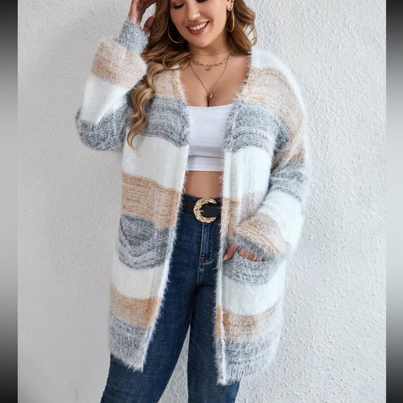 Plus Size Colorblock Drop Shoulder Knit Cardigan Sweater - Picture 4 of 5